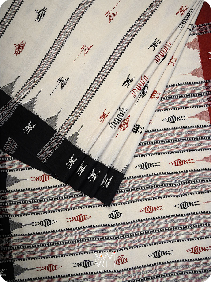 Off White Madder Black Tribal Masterweave Kotpad Saree