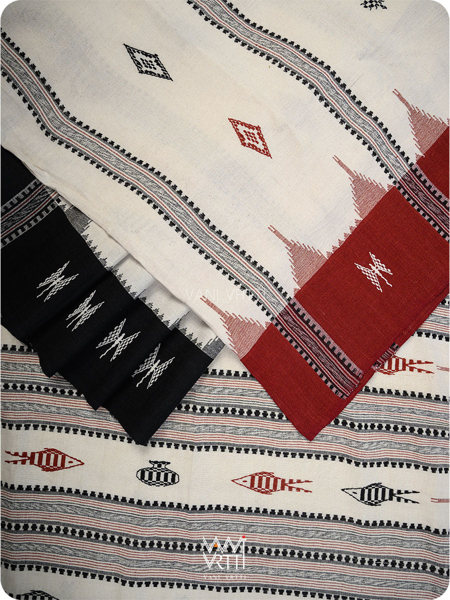 Off White Madder Black Tribal Masterweave Kotpad Saree