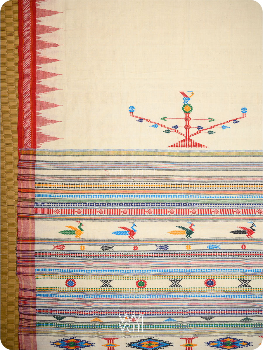 Off White Cotton Bomkai Saree