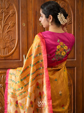 Rani Pink Marigold Plant And Butterflies  Hand Embroidery Tussar Silk Blouse