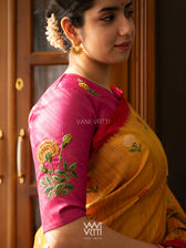 Rani Pink Marigold Plant And Butterflies  Hand Embroidery Tussar Silk Blouse