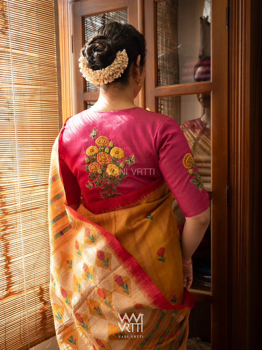 Rani Pink Marigold Plant And Butterflies  Hand Embroidery Tussar Silk Blouse