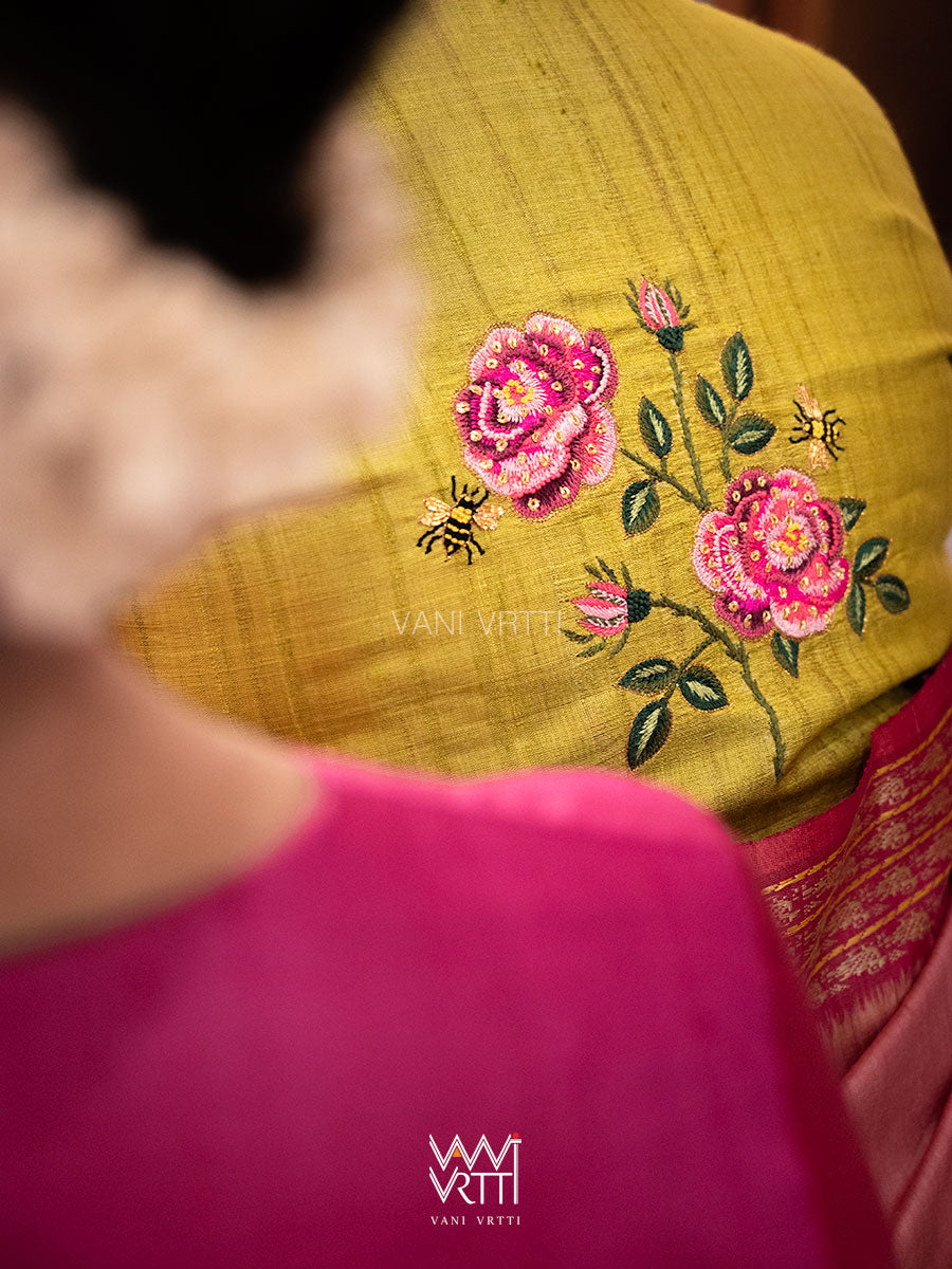 Banana Leaf Green Rose Flower And Bees Embroidery Tussar Silk Blouse