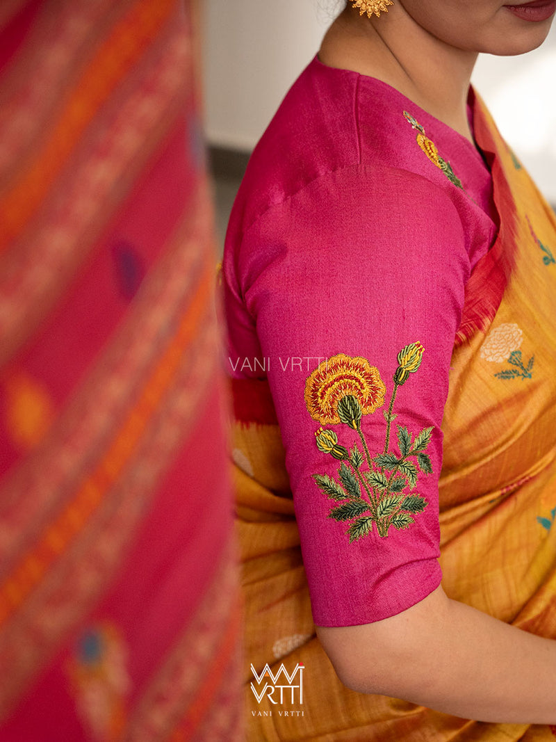 Rani Pink Marigold Plant And Butterflies  Hand Embroidery Tussar Silk Blouse