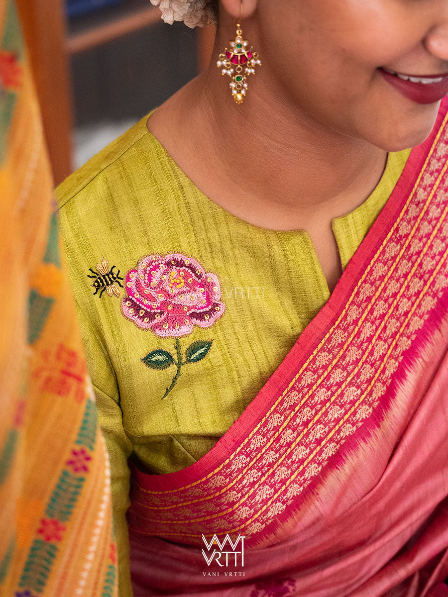Banana Leaf Green Rose Flower And Bees Embroidery Tussar Silk Blouse