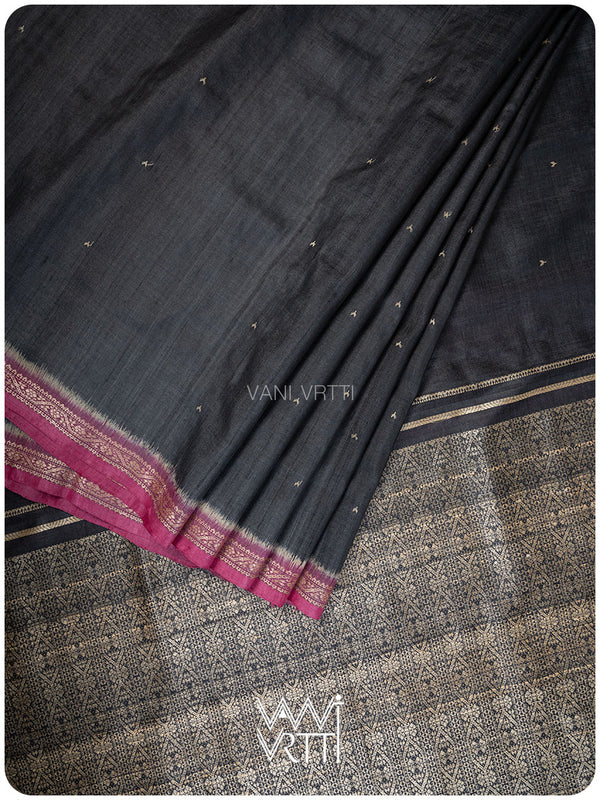 Black Madhumalati Handspun Tussar Silk Sari