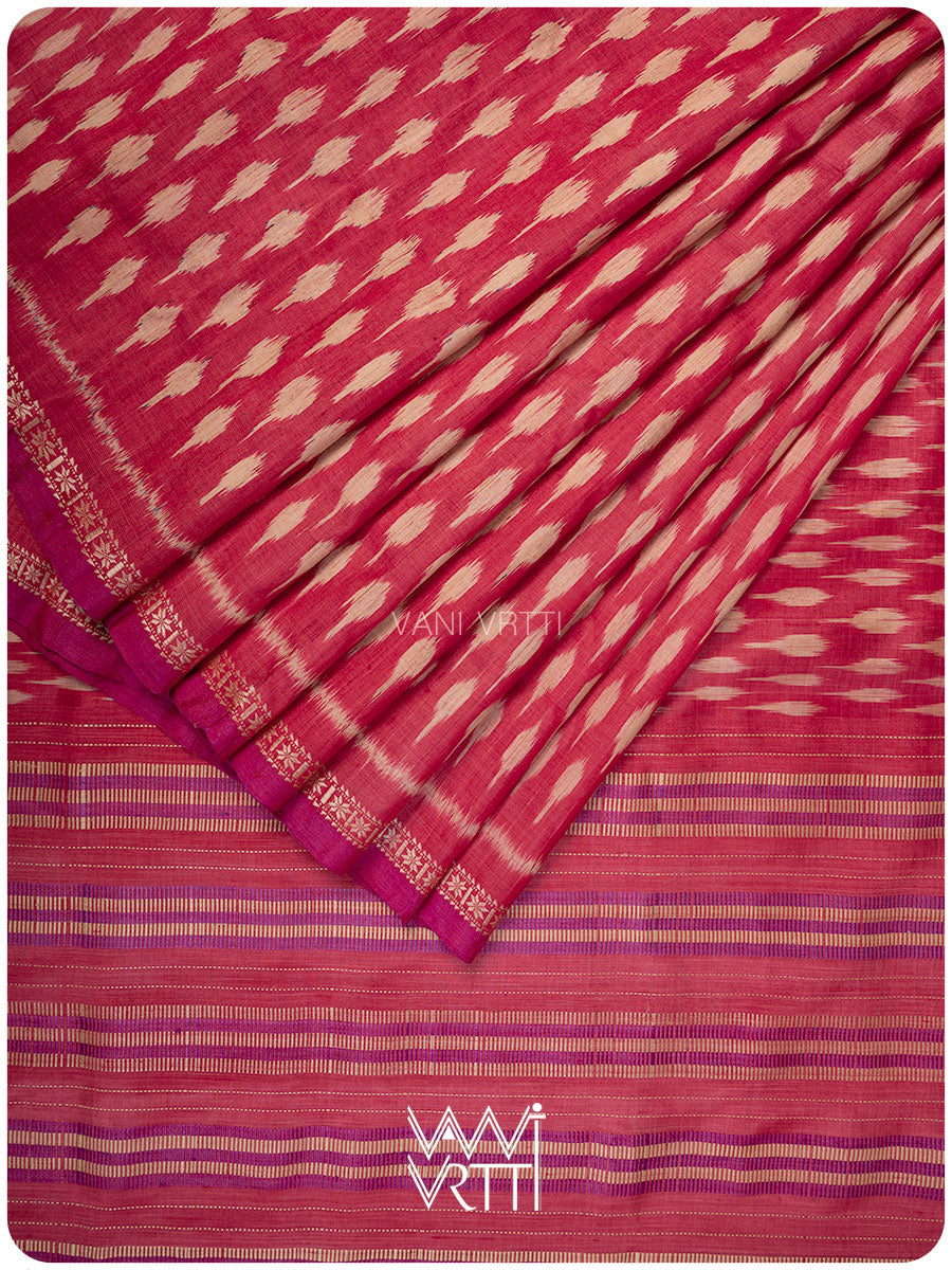 Tomato Red Kadamba Ikat Handspun Tussar Silk Saree