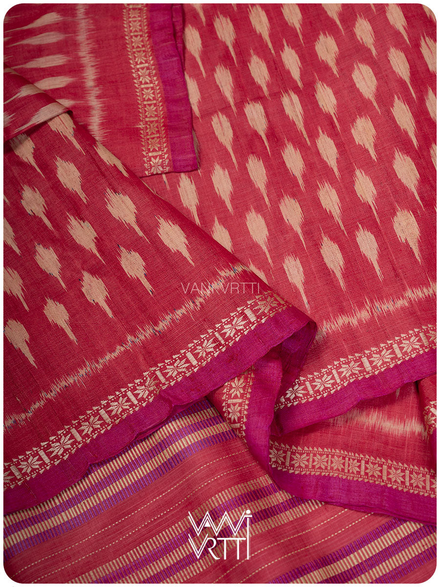 Tomato Red Kadamba Ikat Handspun Tussar Silk Saree