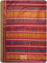 Pallu of peach red saree featuring handwoven lotus flowers and Airavata elephant border