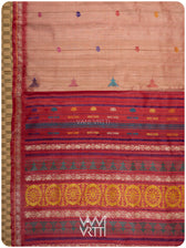 Body of peach red tussar silk saree with Konark temple buttis and Airavata border