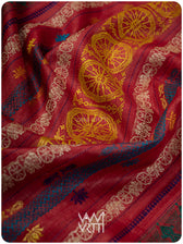 Konark temple motif close up on peach red handspun tussar silk