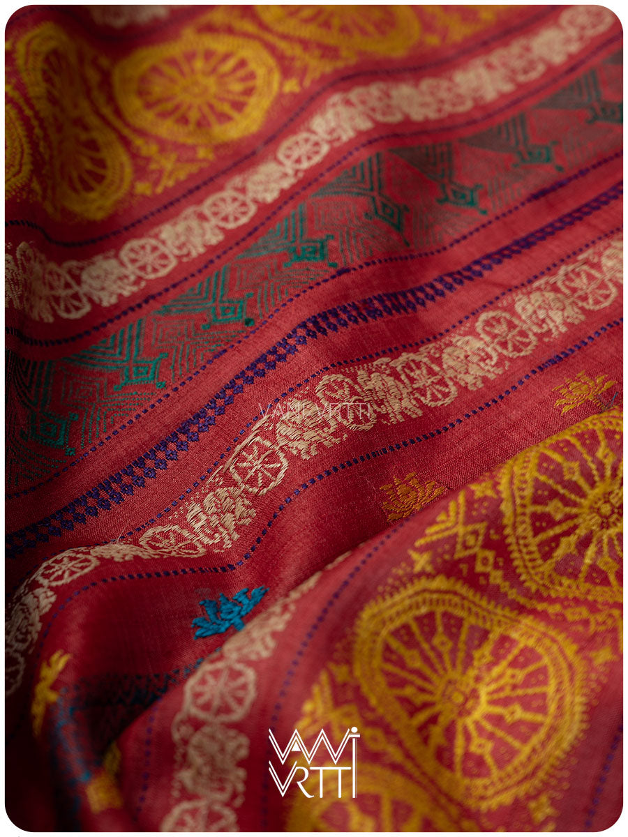 Konark temple buttis close up on peach red tussar silk body