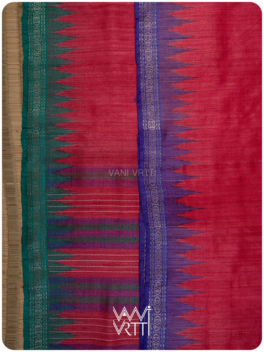 Border of Aarush saree with ikat resist-dyed temple motifs in tussar silk