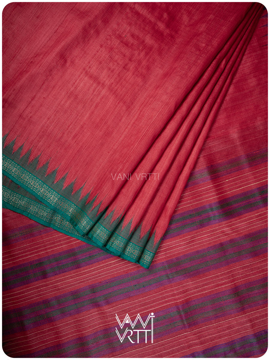 Aarush handspun tussar silk saree in red, purple, and green with ikat borders