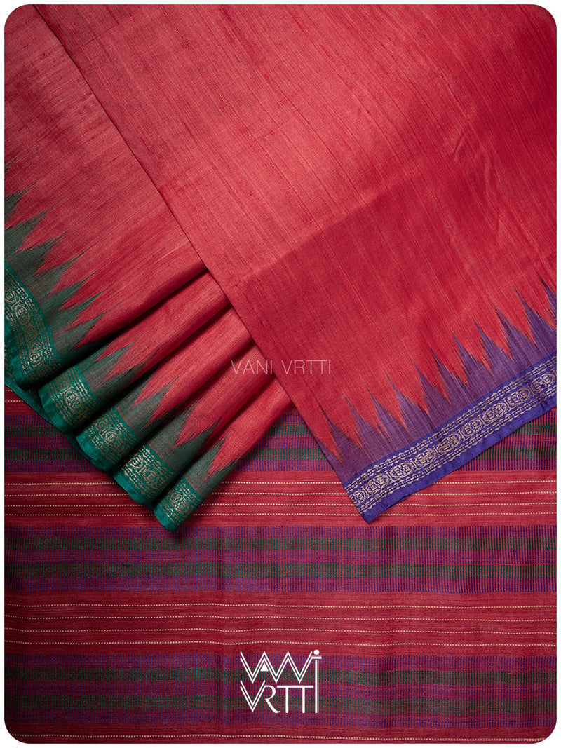 Aarush saree in red, purple, and green handspun tussar silk with ikat temple motifs