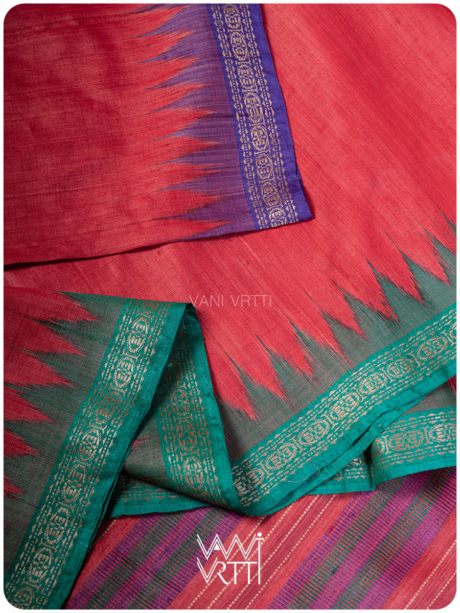 Ikat temple motif border detail on red, purple, and green tussar silk