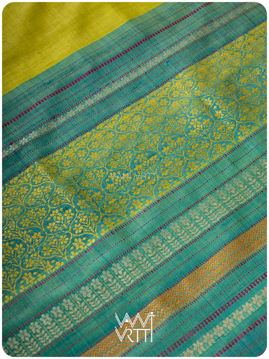 Banana Leaf Green Parijat Handspun Tussar Silk Saree