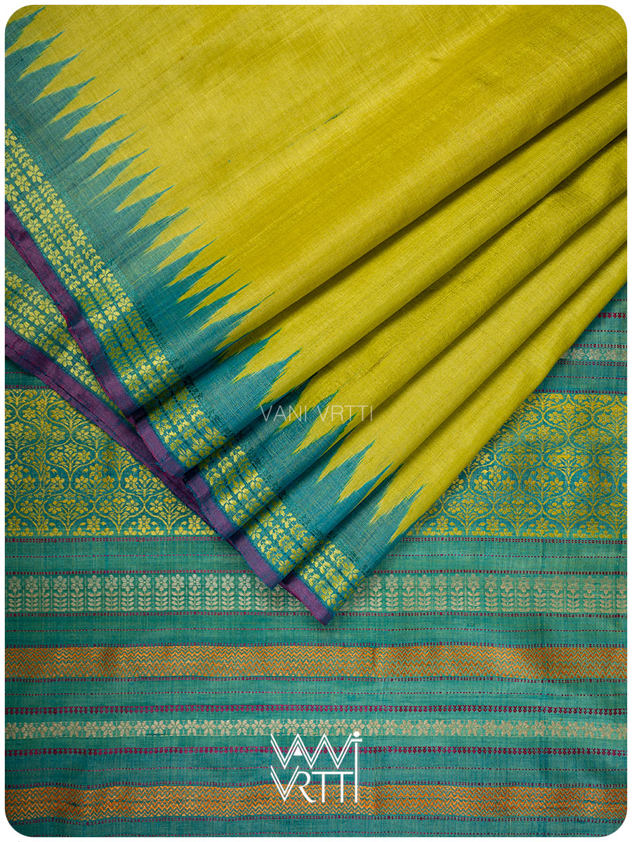 Banana Leaf Green Parijat Handspun Tussar Silk Saree