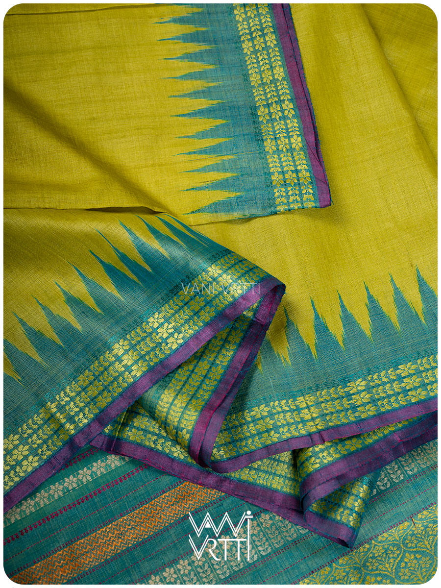 Banana Leaf Green Parijat Handspun Tussar Silk Saree