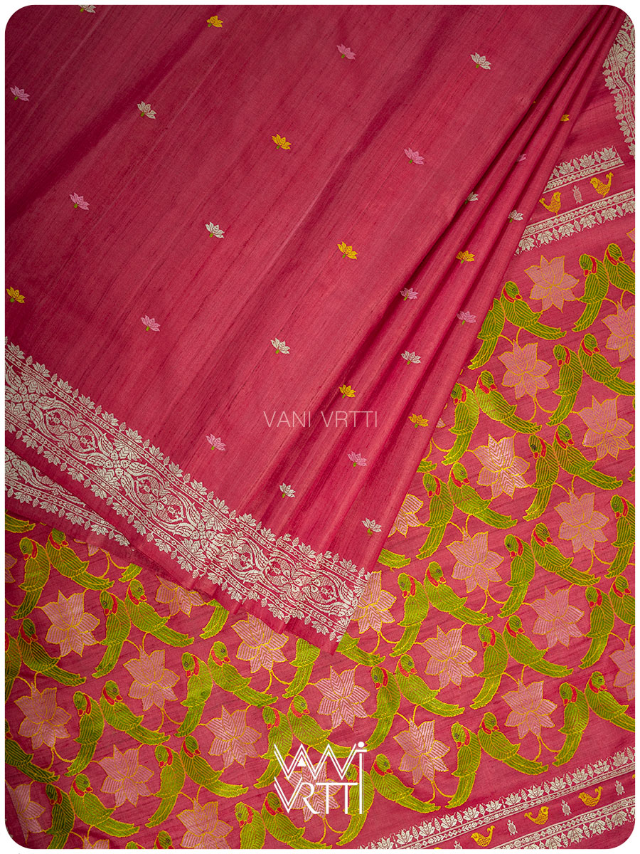 Watermelon Red Lotus Parrot Jaal Designer Exclusive Handspun Handwoven Tussar Silk Saree