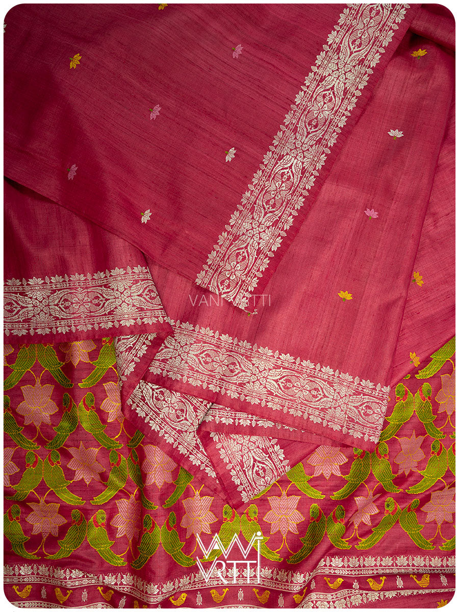 Watermelon Red Lotus Parrot Jaal Designer Exclusive Handspun Handwoven Tussar Silk Saree