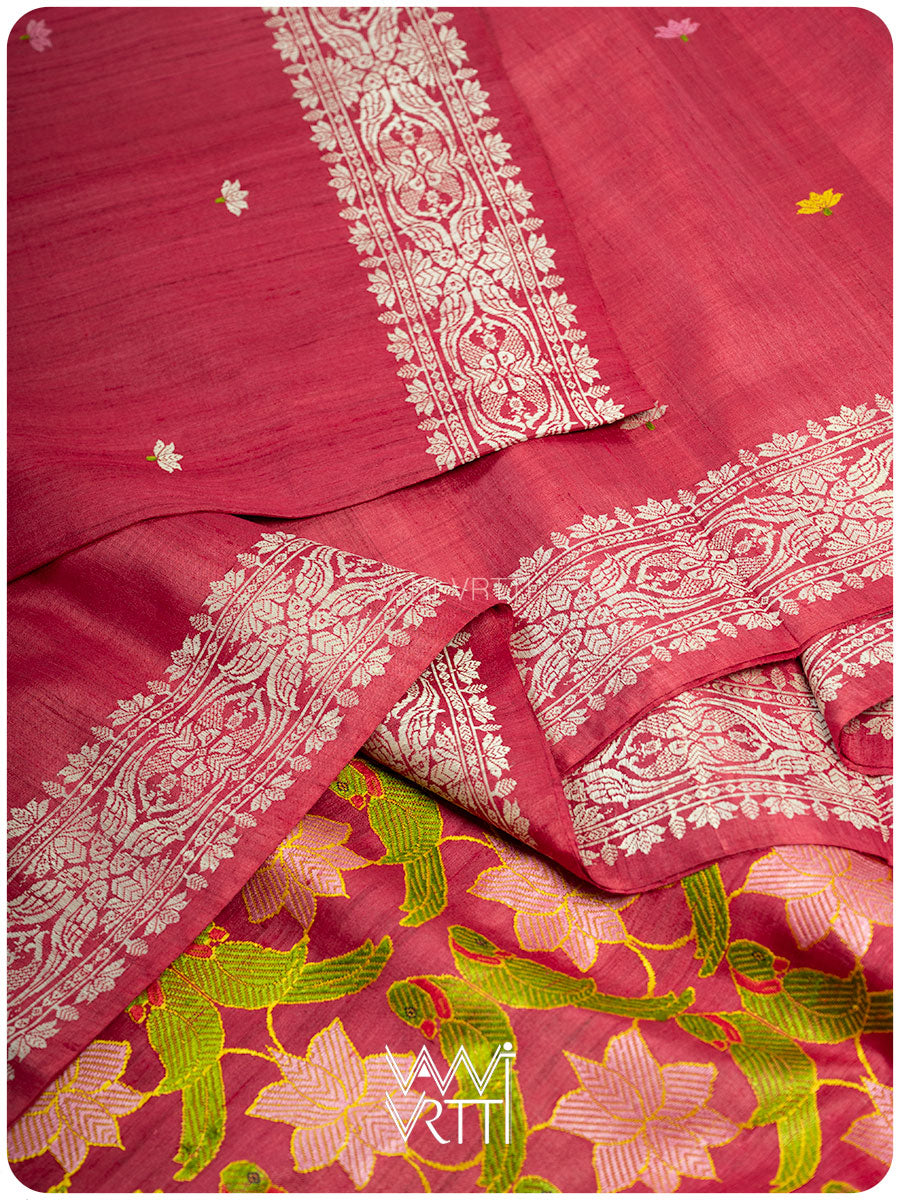 Watermelon Red Lotus Parrot Jaal Designer Exclusive Handspun Handwoven Tussar Silk Saree