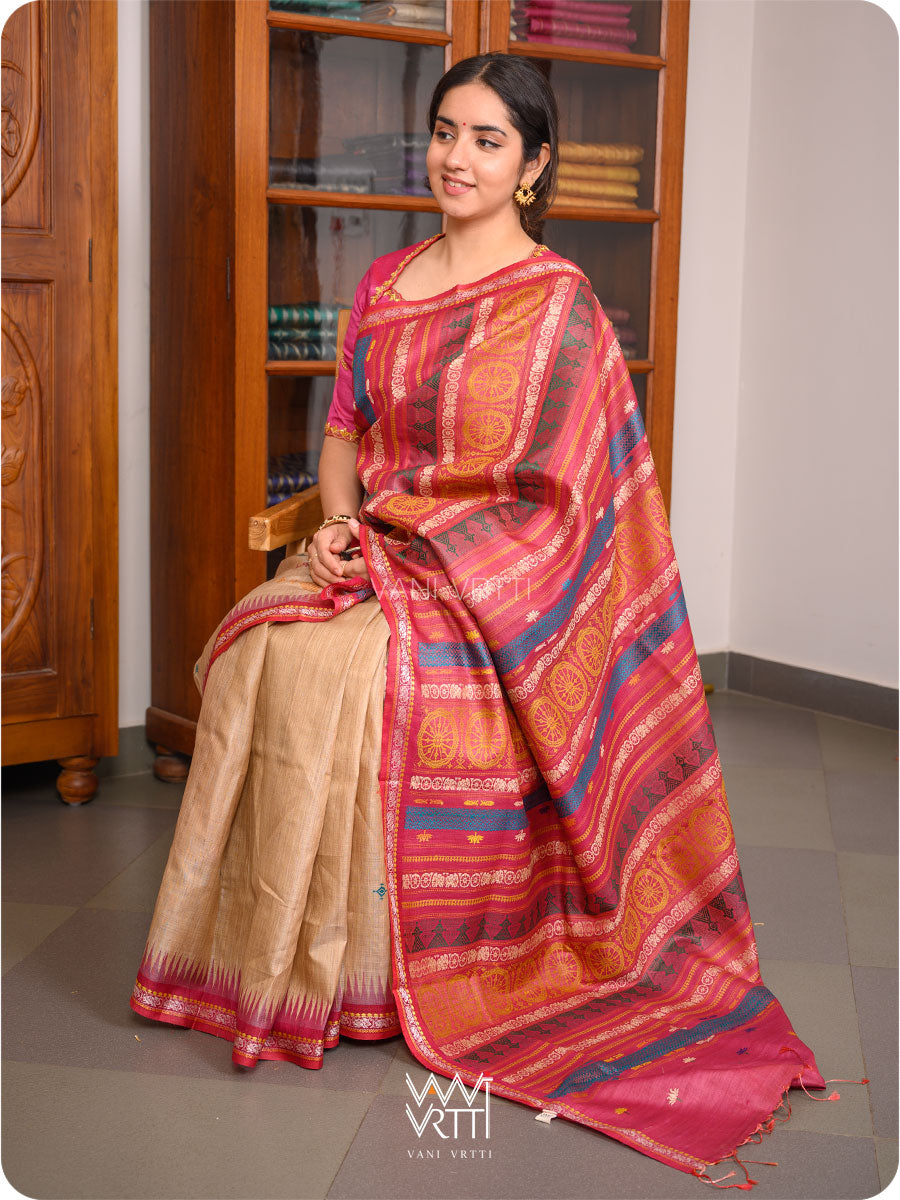 Natural Tussar Pink Airavata Konark Double Palla Handspun Tussar Silk Saree