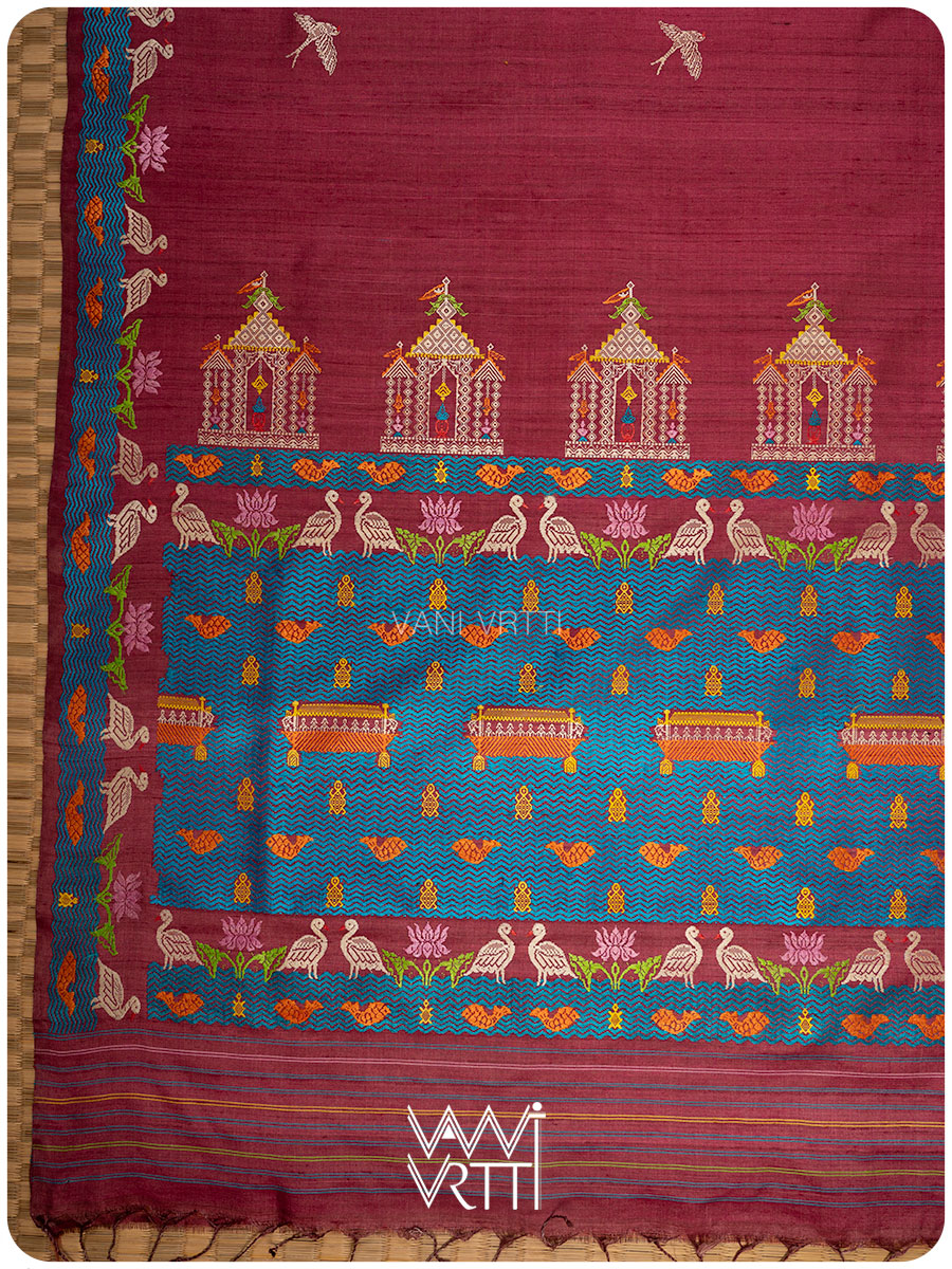 Deep Wine Chilika Master Weave Exclusive Handspun Tussar Silk Saree