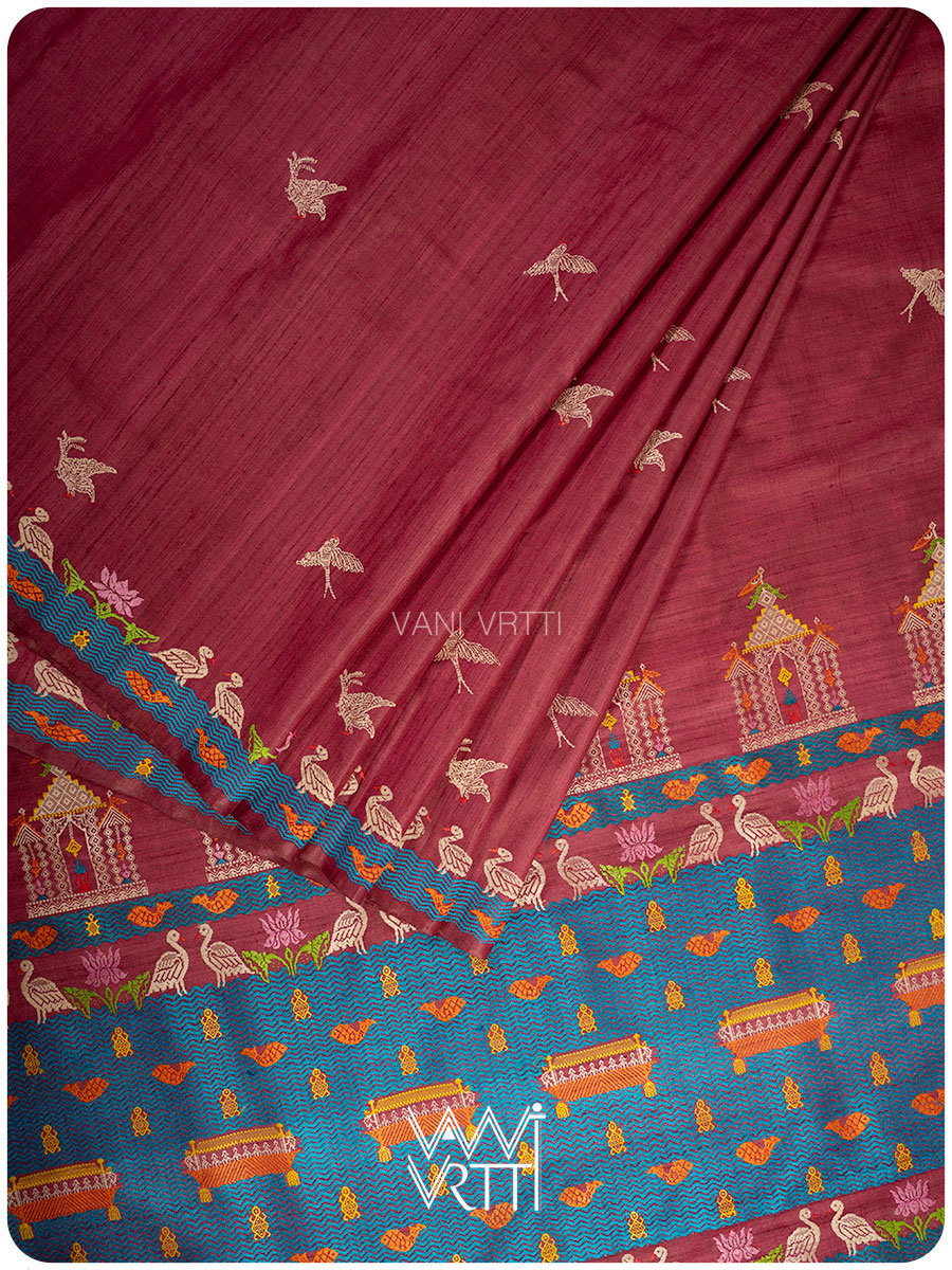 Deep Wine Chilika Master Weave Exclusive Handspun Tussar Silk Saree