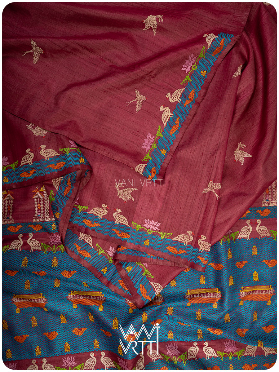 Deep Wine Chilika Master Weave Exclusive Handspun Tussar Silk Saree