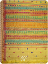 Pallu of banana leaf green Konark saree with handwoven lotus flowers in multiple colors