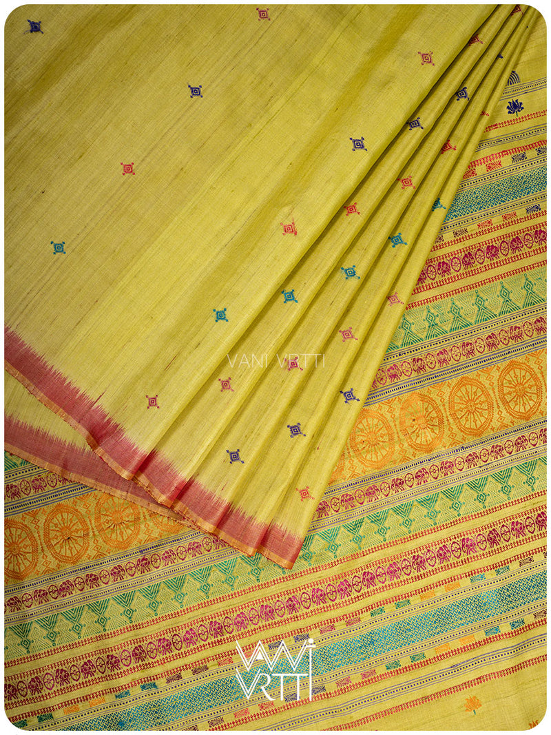 Banana leaf green handspun tussar silk Konark saree in full view