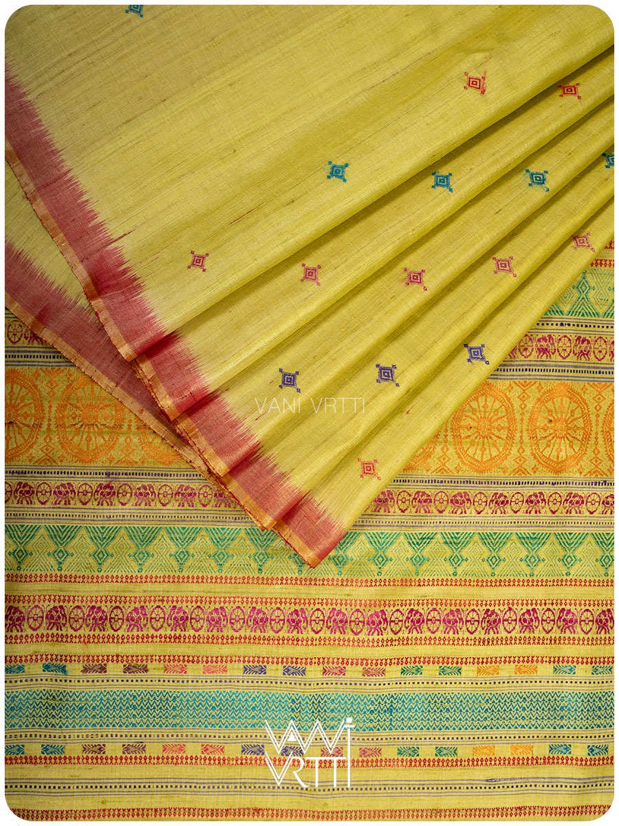 Folded banana leaf green handspun tussar silk Konark saree from Odisha