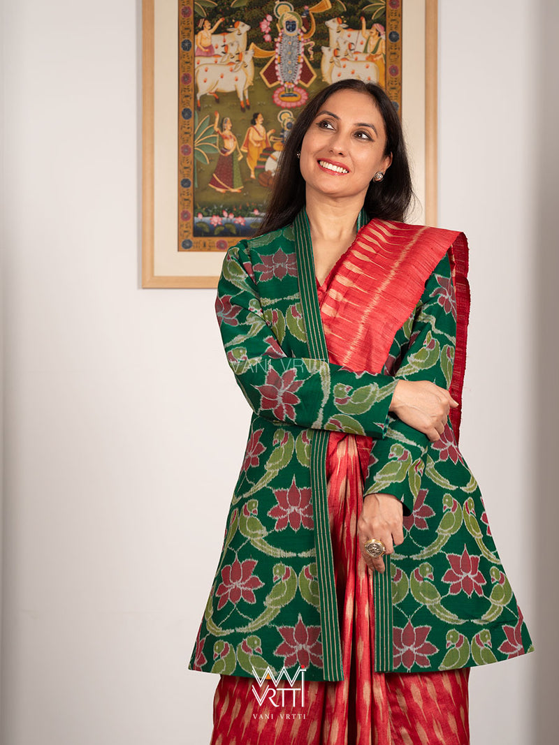 Bottle Green Lotus Parrot  Reversible Parallel Ikat Kimono Collar Tunic Jacket
