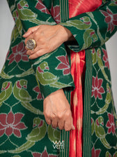 Bottle Green Lotus Parrot  Reversible Parallel Ikat Kimono Collar Tunic Jacket
