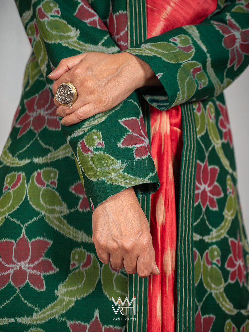 Bottle Green Lotus Parrot  Reversible Parallel Ikat Kimono Collar Tunic Jacket