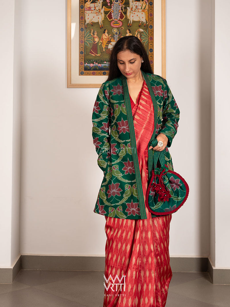 Bottle Green Lotus Parrot  Reversible Parallel Ikat Kimono Collar Tunic Jacket