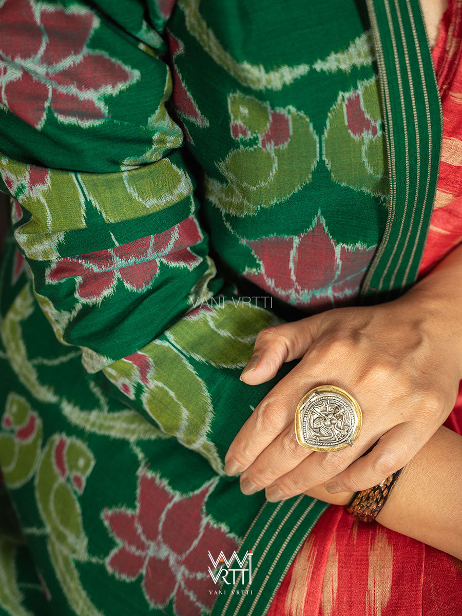 Bottle Green Lotus Parrot  Reversible Parallel Ikat Kimono Collar Tunic Jacket