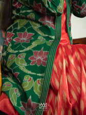 Bottle Green Lotus Parrot  Reversible Parallel Ikat Kimono Collar Tunic Jacket