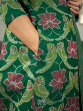 Bottle Green Lotus Parrot  Reversible Parallel Ikat Kimono Collar Tunic Jacket