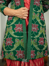 Bottle Green Lotus Parrot  Reversible Parallel Ikat Kimono Collar Tunic Jacket