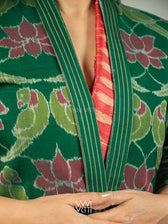 Bottle Green Lotus Parrot  Reversible Parallel Ikat Kimono Collar Tunic Jacket