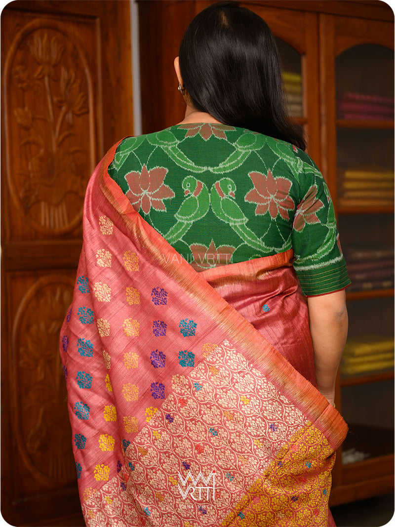 Maroon Mustard Parijat Handspun Tussar Silk Saree