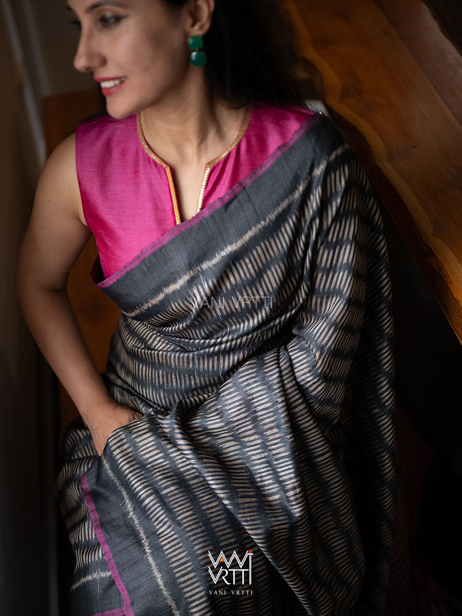 Black Small Manira Ikat Handspun Tussar Silk Saree
