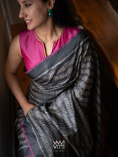 Black Small Manira Ikat Handspun Tussar Silk Saree
