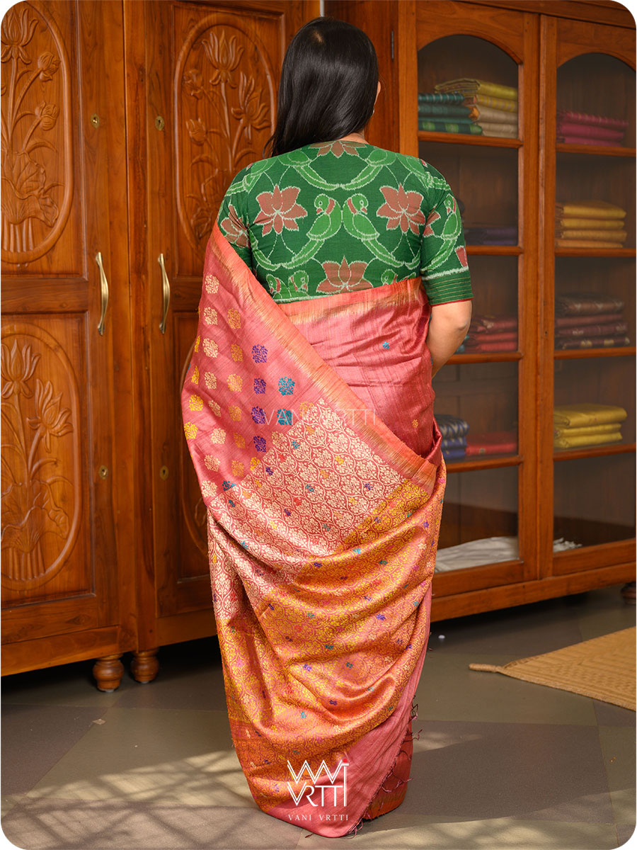Maroon Mustard Parijat Handspun Tussar Silk Saree
