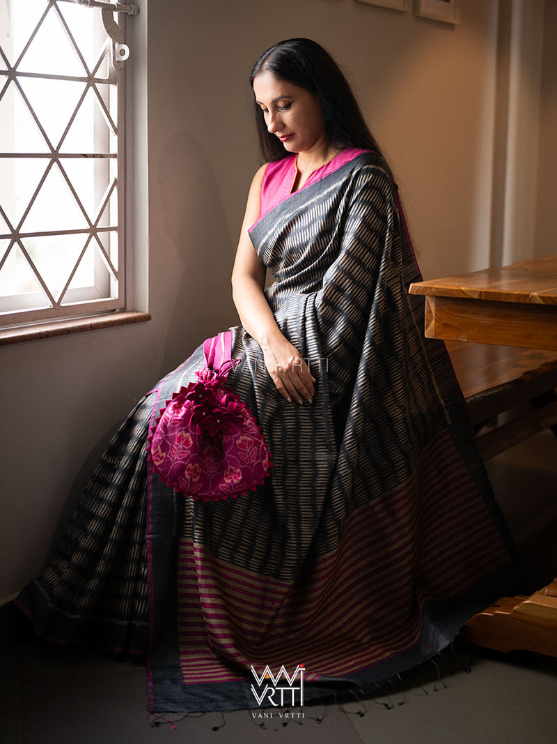 Black Small Manira Ikat Handspun Tussar Silk Saree