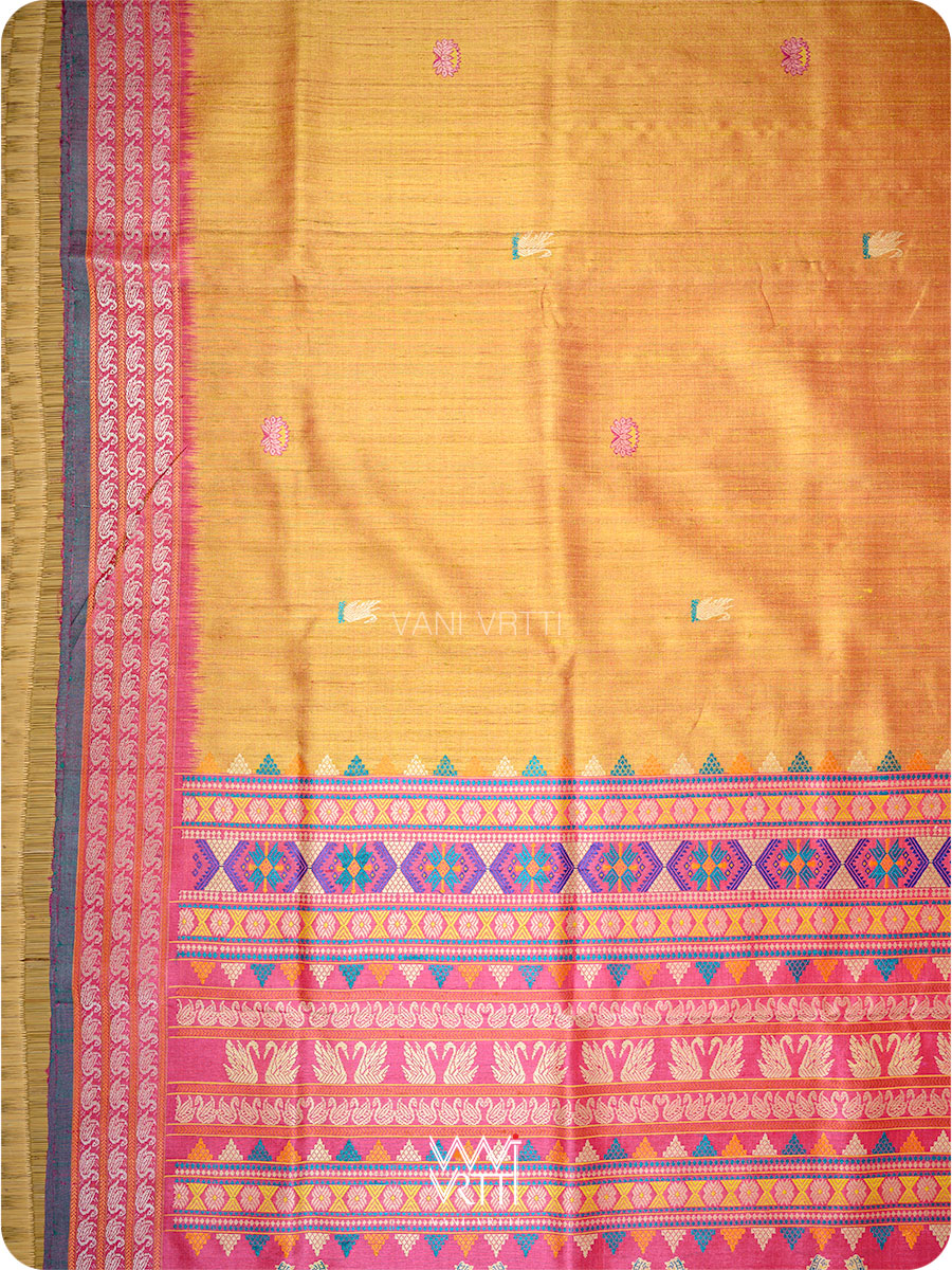Mango Yellow Magenta Veena Pani Lata Master Weave Exclusive Handspun Tussar Silk Saree