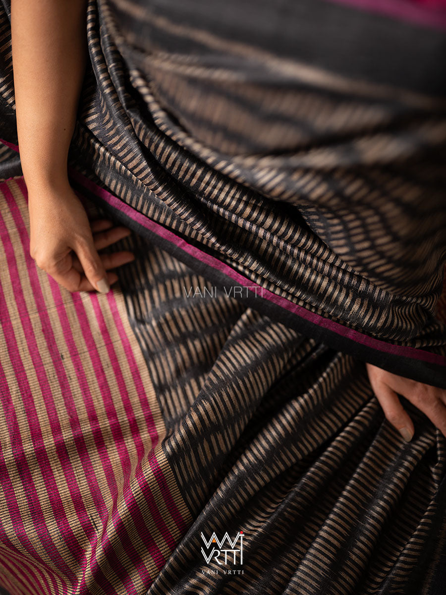 Black Small Manira Ikat Handspun Tussar Silk Saree
