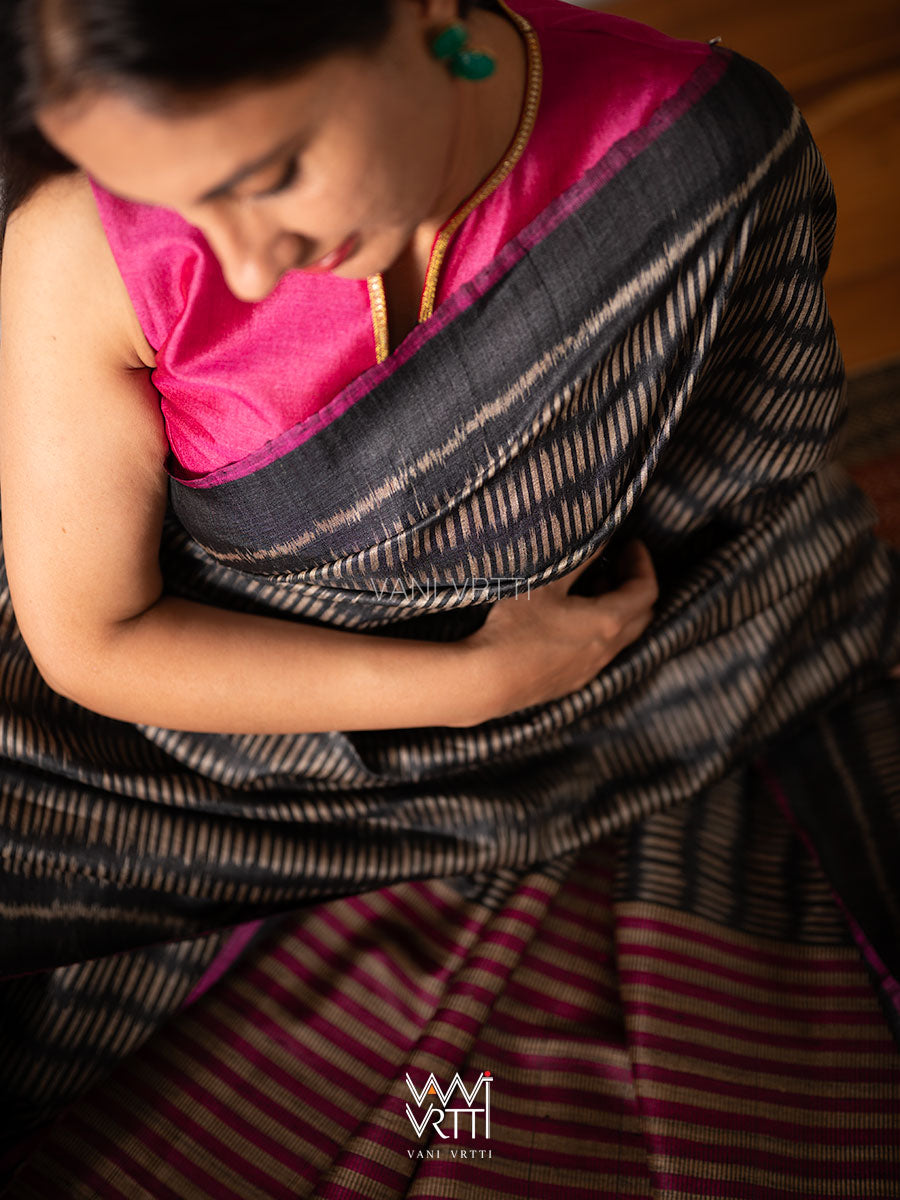 Black Small Manira Ikat Handspun Tussar Silk Saree